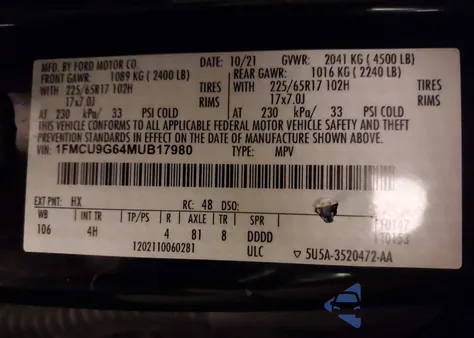 2021 Ford Escape Se from USA, damaged, VIN 1FMCU9G64MUB17980